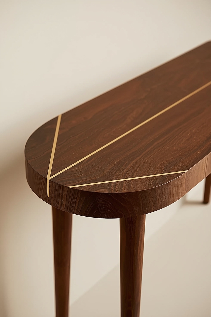 Minimalist walnut wood console table with brass inlay details