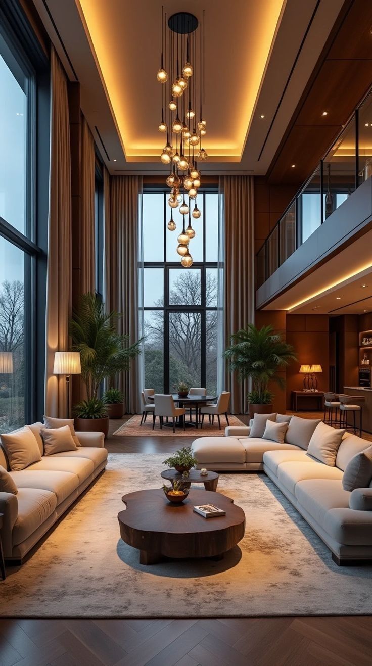 Contemporary penthouse living room with floor-to-ceiling windows and custom furniture
